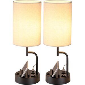 Table Lamp with 3 USB Charging Ports, Modern Desk Lamp with AC Outlet